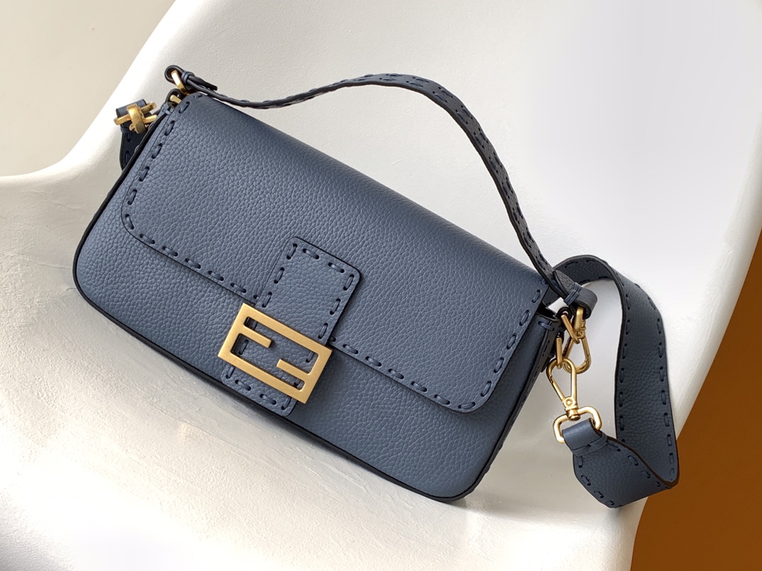 Fendi Medium Baguette Selleria Bag with 612 Hand-sewn Topstitches Shoulder Bag Dark Blue